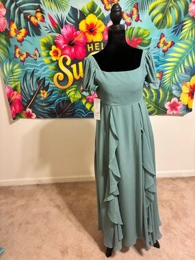 Girls' Sage Green Ruffle-Trim Formal Dress with Puff Sleeves